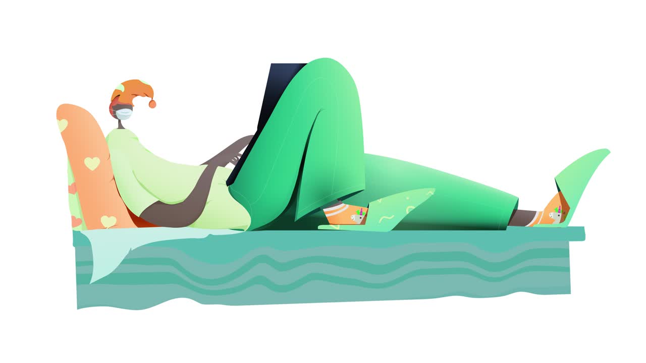 """자신 격리 보호 마스크를 입은 아프리카 남자가 침대에 누워 노트북으로 타이핑하고 집에 머물고 있습니다."""