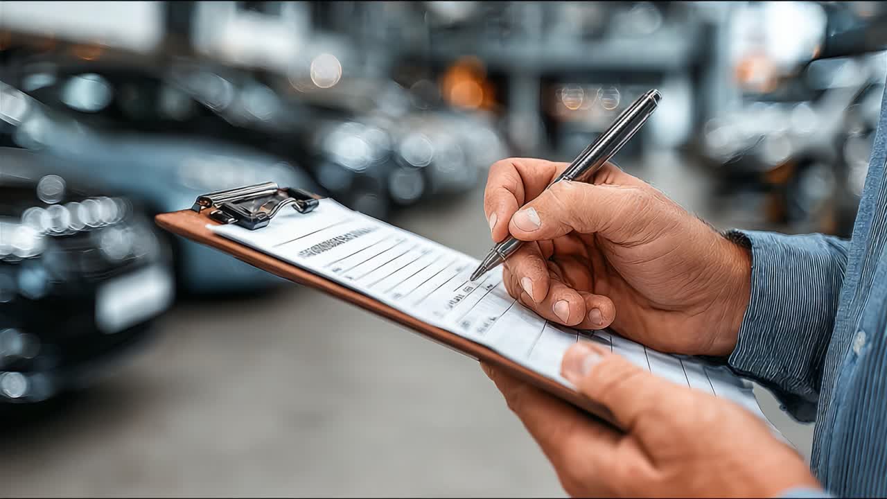 Un processo di ispezione dettagliato: valutazione dei veicoli con precisione e cura attraverso liste di controllo complete in un ambiente di showroom automobilistico.