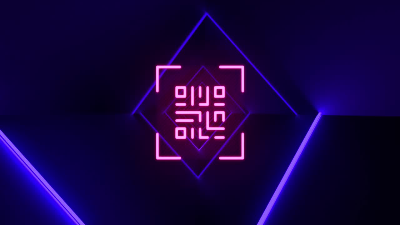 Animation of qr code in viewfinder over rhombuses tunnel against blue background