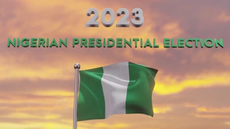 Animación-De-Las-Elecciones-Presidenciales-Nigerianas-De-2023-Con-Texto-Y-Bandera-Ondeante-Al-Atardecer