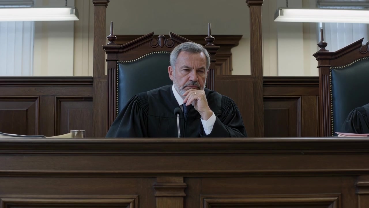 Juez escuchando y apoyando la barbilla en el estrado del tribunal mientras el abogado habla con toga negra, papeles y micrófono