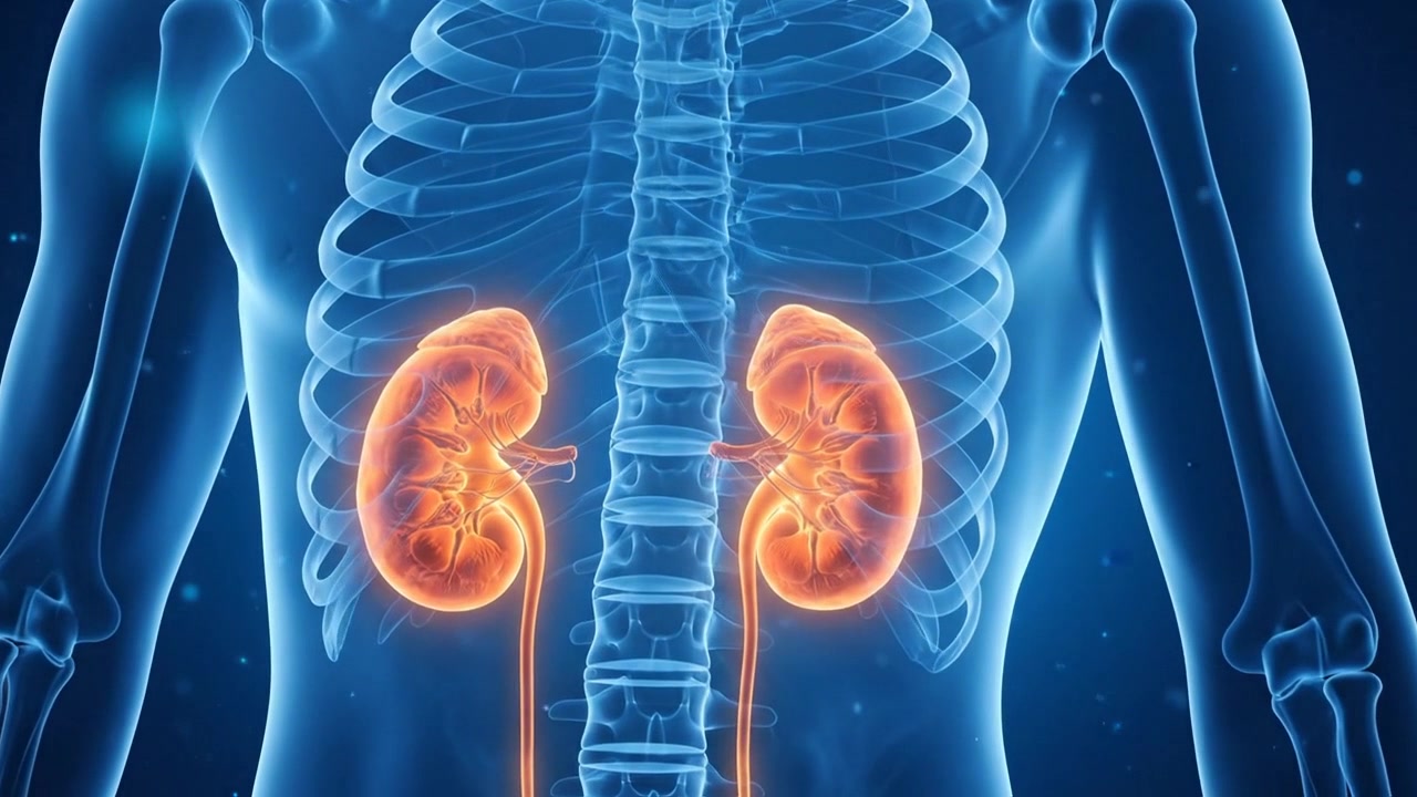 Human urinary system anatomy with highlighted kidneys medical visualization