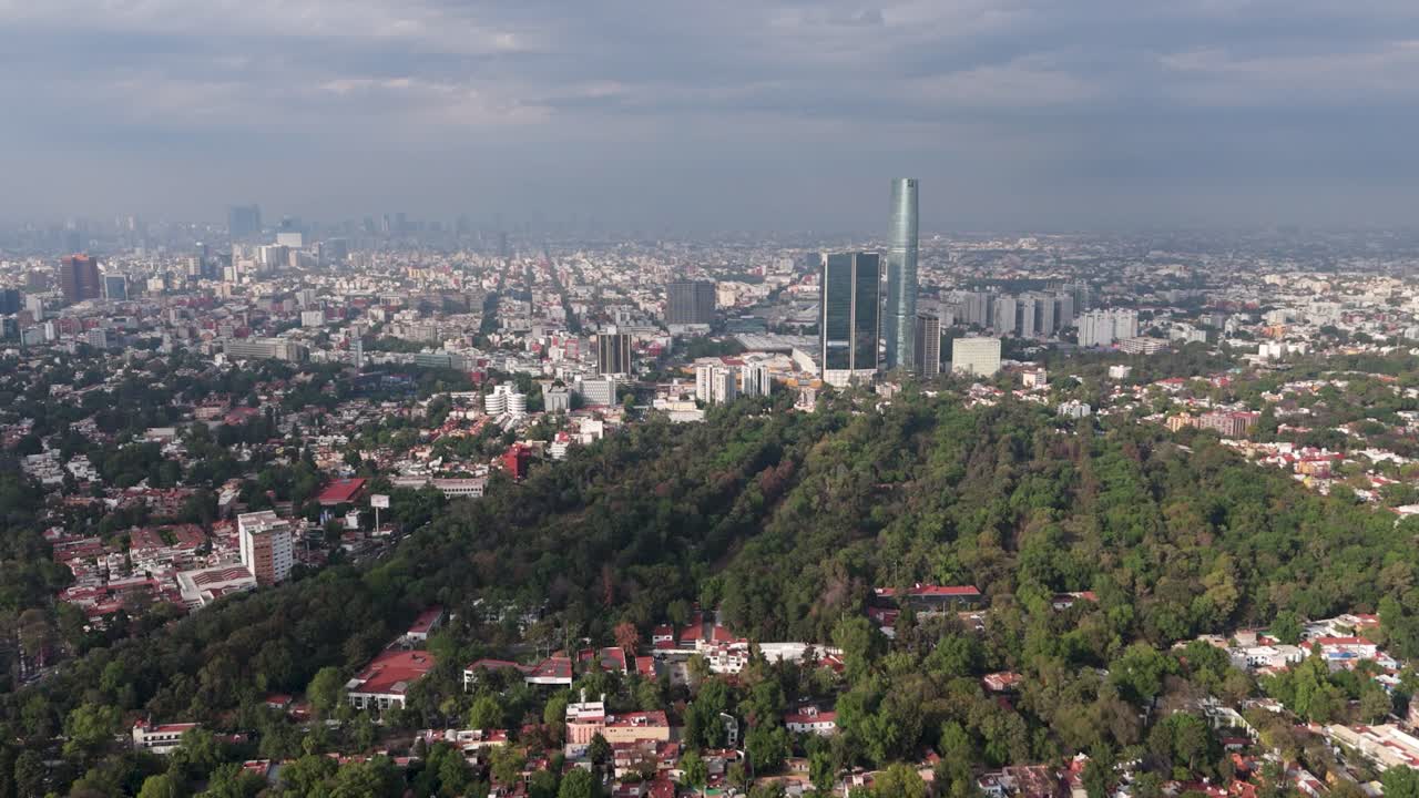 Drone view of Torre Mitikah in Coyoacan CDMX on a cloudy day