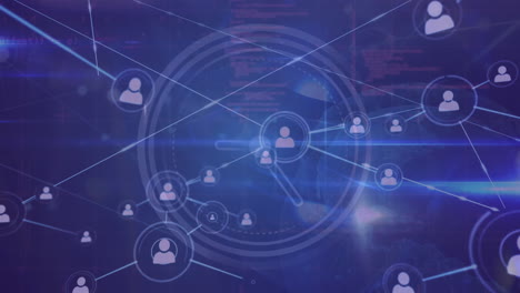 animation of network of profile icons and blue light trails over round scanner on blue background