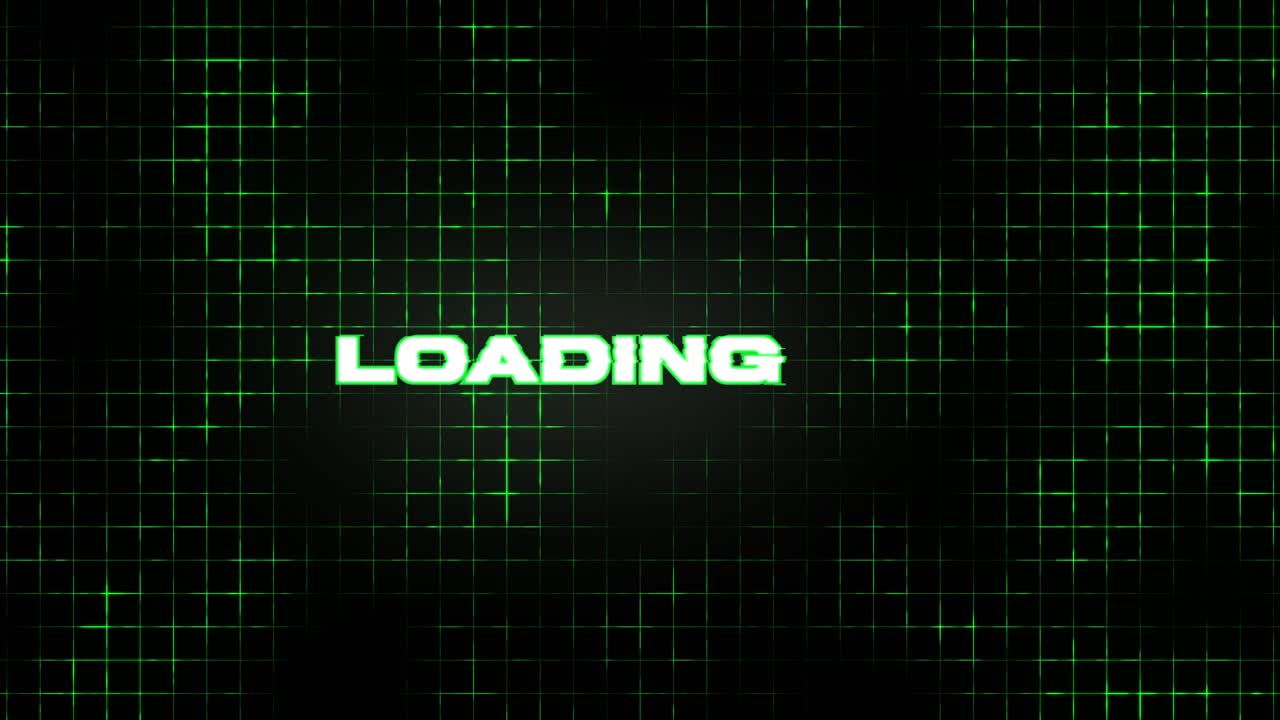 Retro Digital Loading Text with Glitch Effect on Grid Background