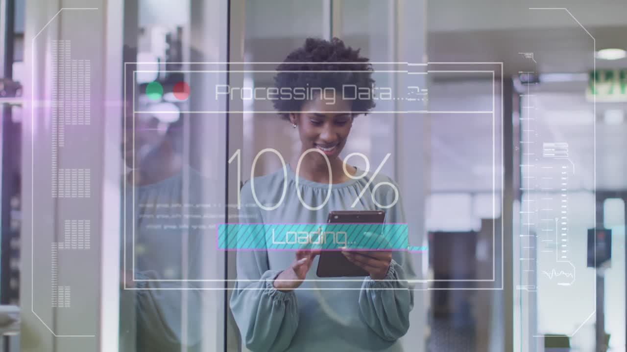 Animation of financial data processing over diverse businesswoman using tablet in office