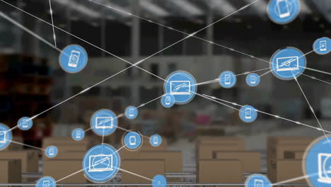 animation of network of connections with icons over boxes on conveyor belt in warehouse