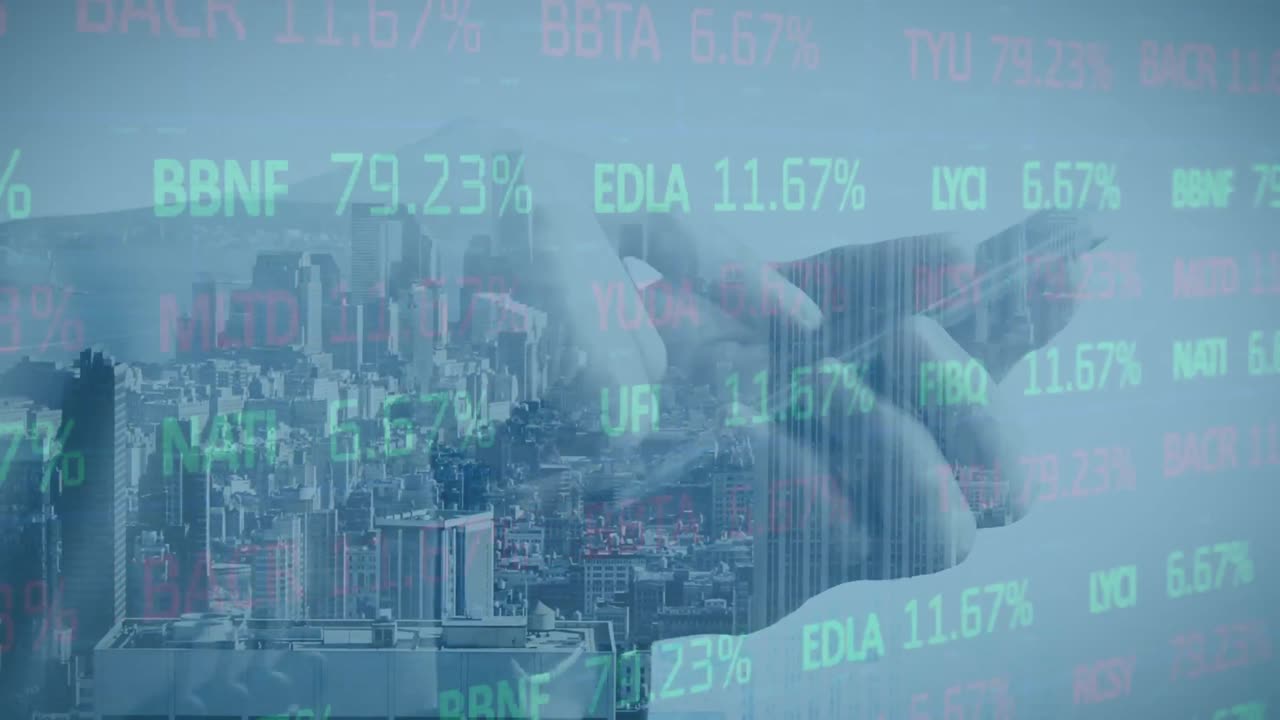 Animation of data processing and cityscape over hands of man using smartphone