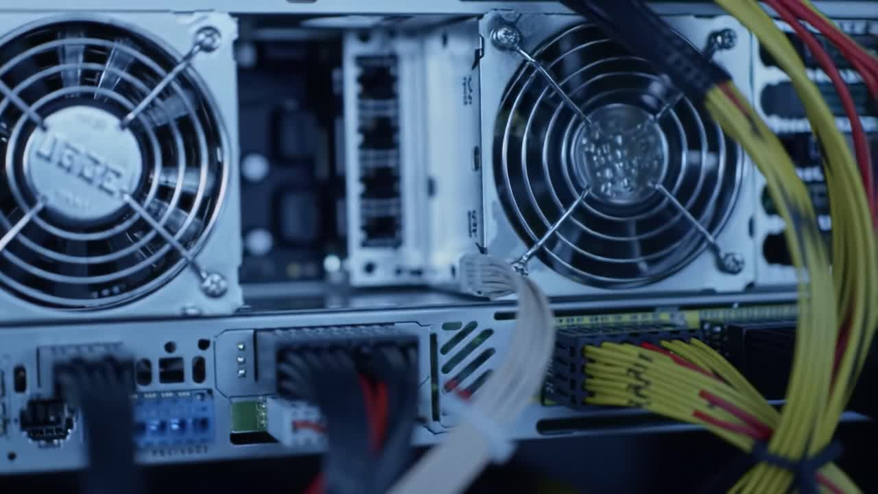 In a data center, close-up views reveal server components, including cooling fans, cables, and network connections, showcasing the complexity of modern technology.