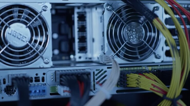 In a data center, close-up views reveal server components, including cooling fans, cables, and network connections, showcasing the complexity of modern technology.