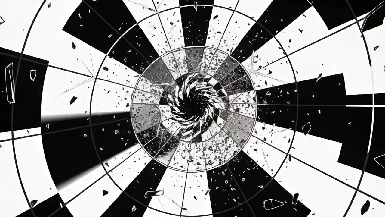 Spirale centrale che si stringe su un disco bersaglio, innescando crepe radiali ed espellendo schegge nello studio.