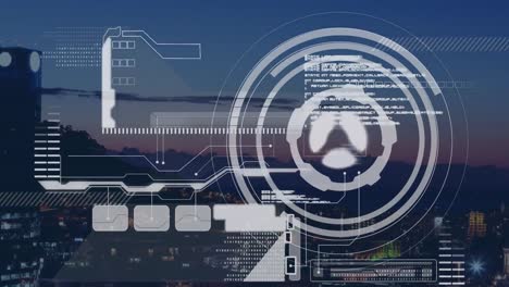 Animación-De-La-Interfaz-Hud-Con-Radar-Sobre-Vista-Aérea-Del-Paisaje-Urbano-Y-Efecto-De-Silueta-En-El-Cielo