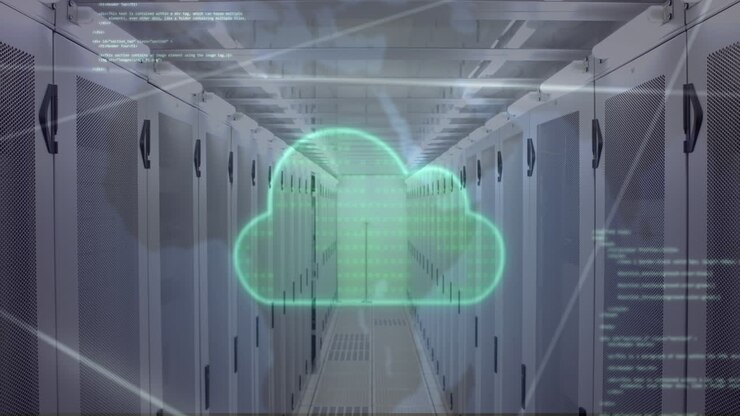 Animation of cloud, network of connections and data processing over server room