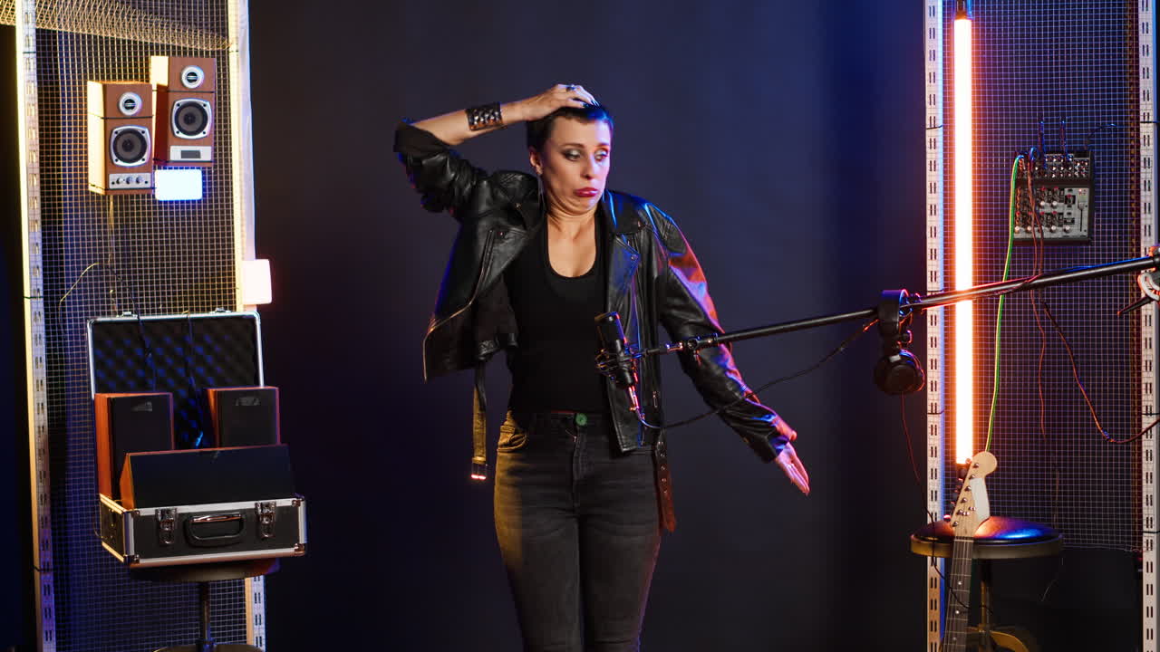 Woman in Leather Jacket Performing Music