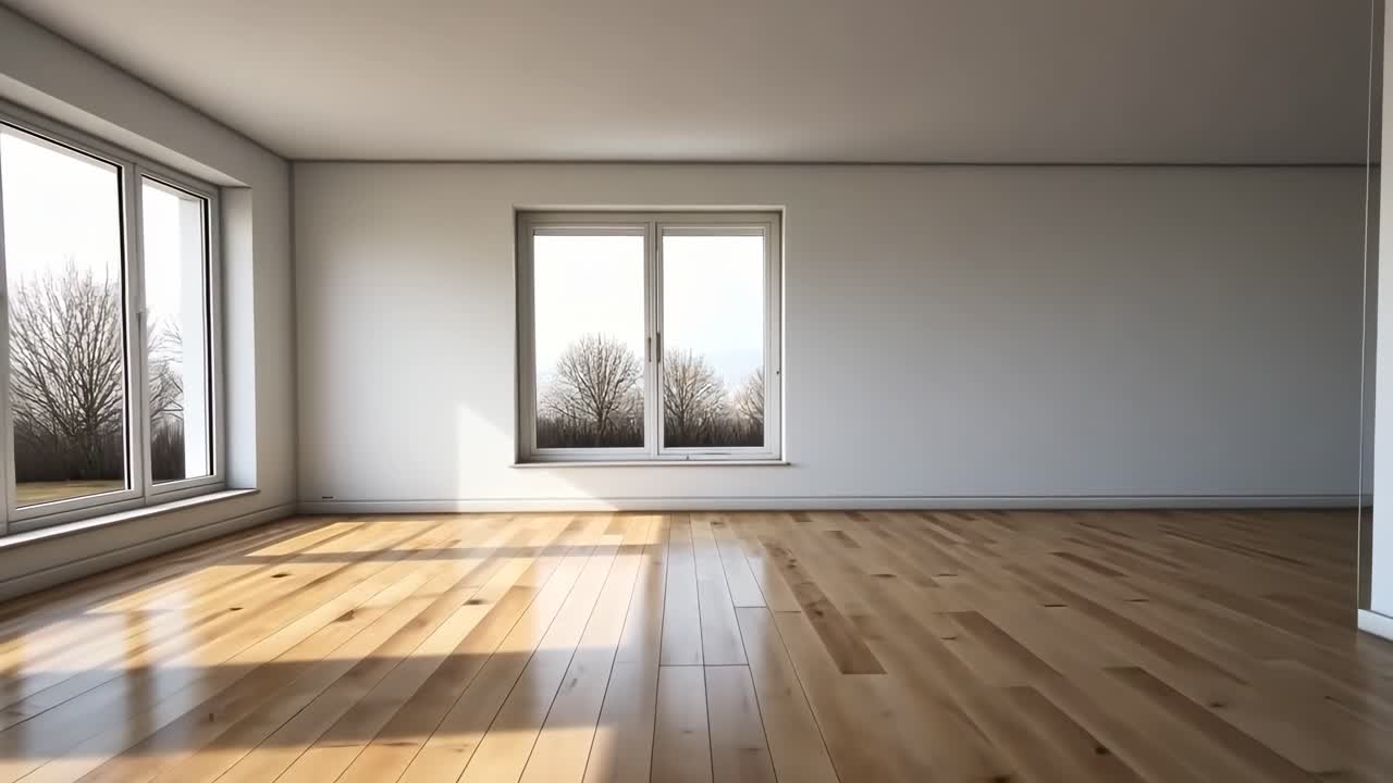 Wide-angle video shot of a sunlit, minimalistic empty room with wooden floors and large windows