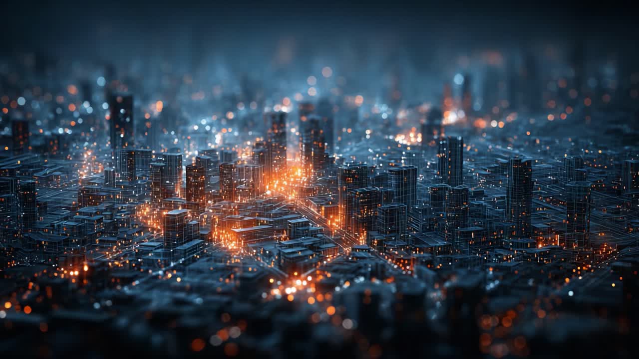 A Stunning Aerial View of a Dynamic Urban Landscape Covered in Twinkling Lights, Capturing the Essence of Modern City Life with Its Vibrant Energy and Architecture