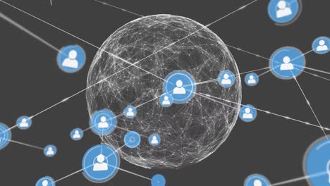 animación de una red de iconos digitales en todo el mundo de una red de conexiones contra un fondo gris