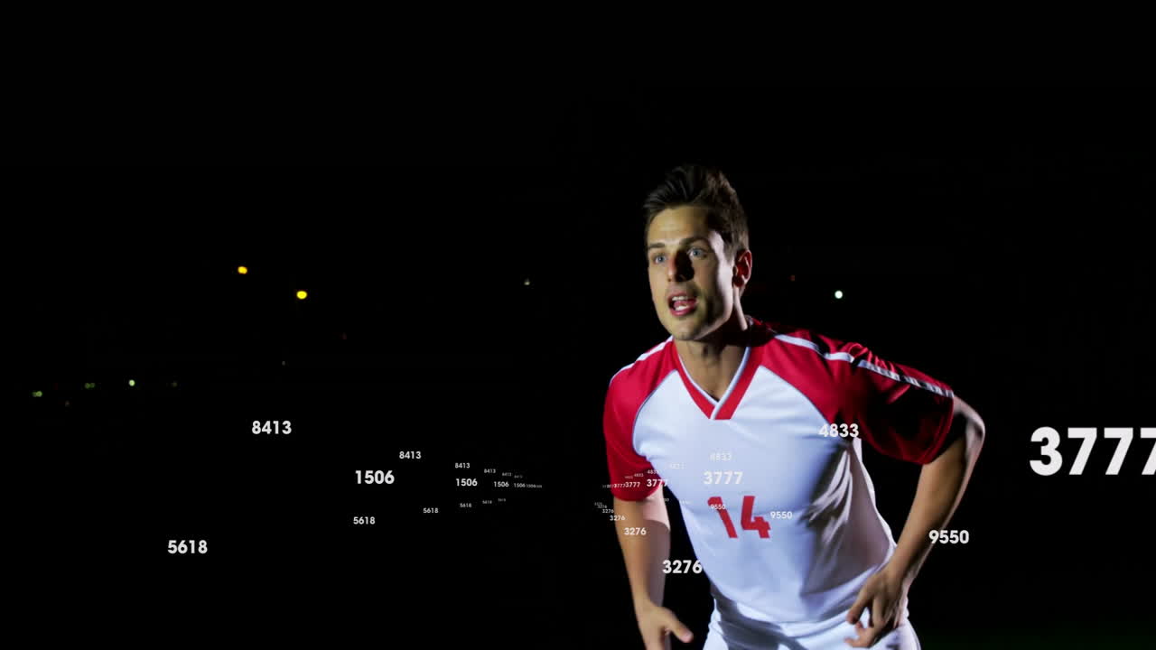 Wearing red and white jersey, soccer player with animation of numbers overlay