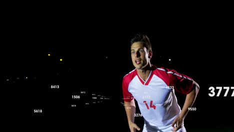 wearing red and white jersey, soccer player with animation of numbers overlay