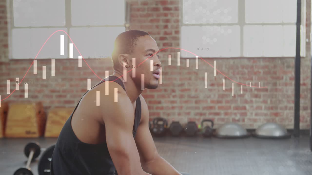 Man gripping dumbbell performing 1-arm rows in gym finishing seated for gains waveform bars overlay