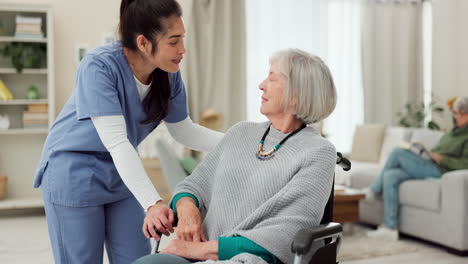 nurse, wheelchair and happy woman for support