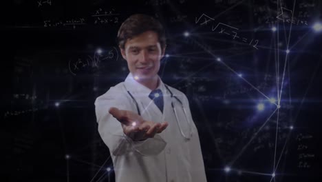 Network-of-connections-against-caucasian-male-doctor-holding-an-invisible-object