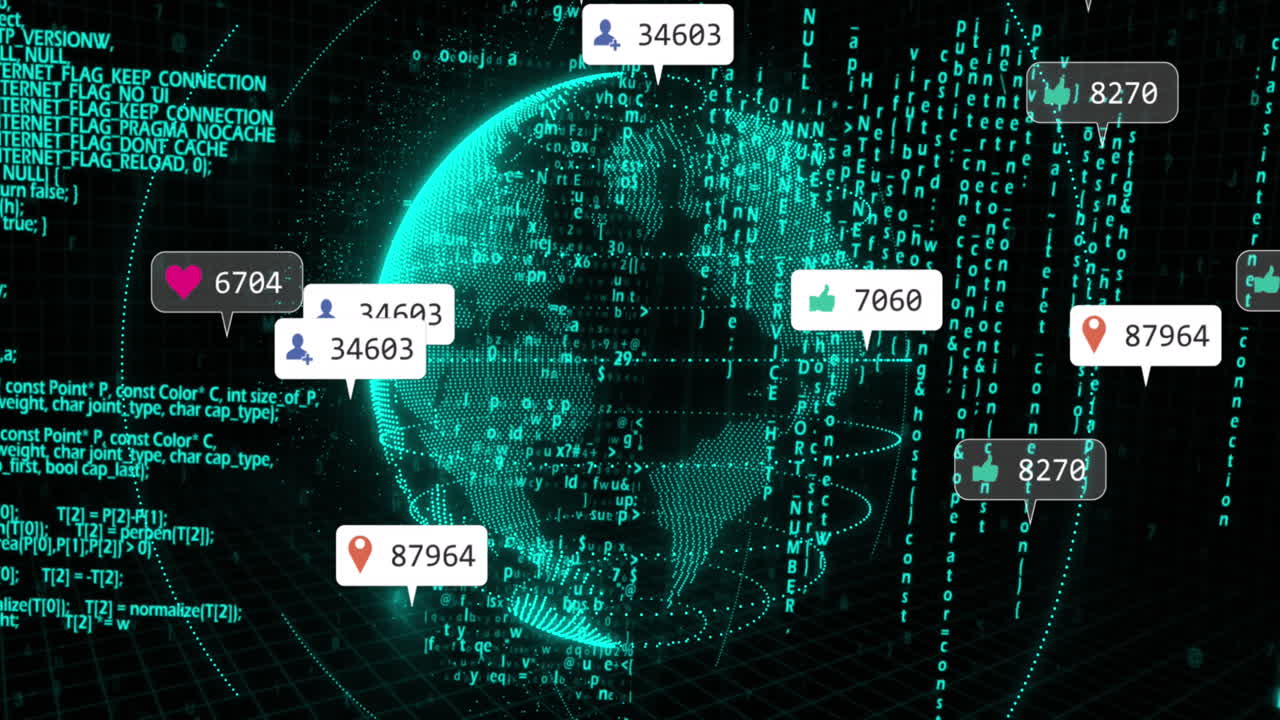 animación de iconos de redes sociales sobre un globo giratorio y procesamiento de datos contra un fondo negro