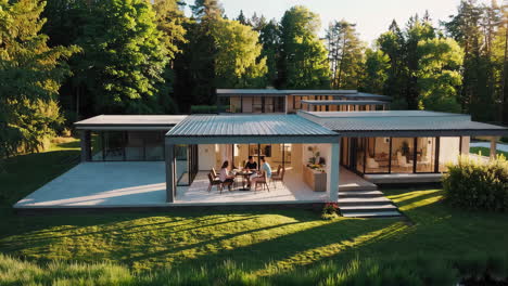 modern lakeside home with outdoor dining and lush greenery