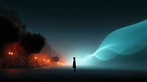 silhouette gazing at a luminous city energy wave at night