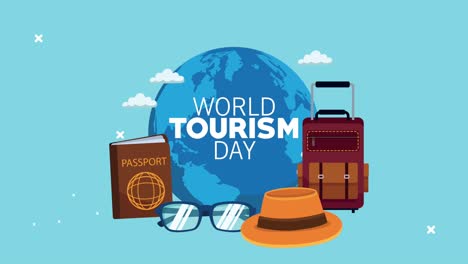 día mundial del turismo con letras con el planeta tierra y los iconos establecidos