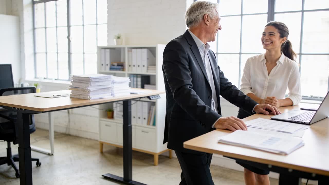 Revisando arquivos, um idoso de terno inclinado e apontando para uma mesa de pé, mulher usando laptop, rindo.