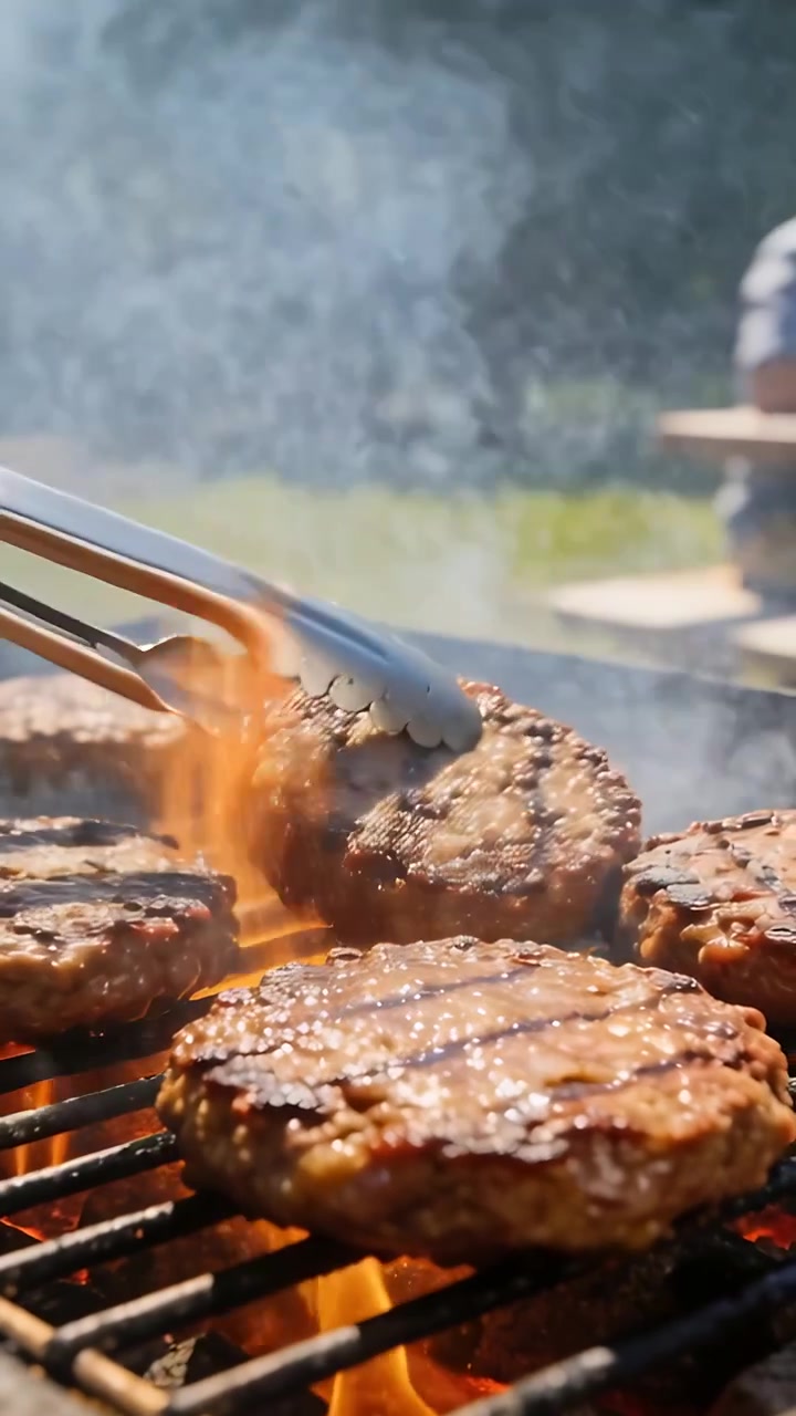Video verticale: Pinze che girano gli hamburger, fiamme che salgono verso un uomo in camicia blu a un tavolo da picnic.