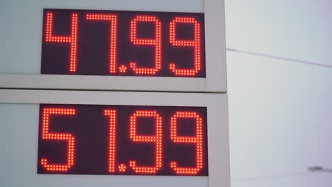 fuel prices. high prices for 92 and 95 gasoline. red led displays at gas station