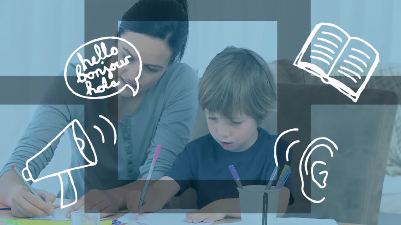 animación de iconos de la educación sobre madre y hijo caucásicos haciendo la tarea