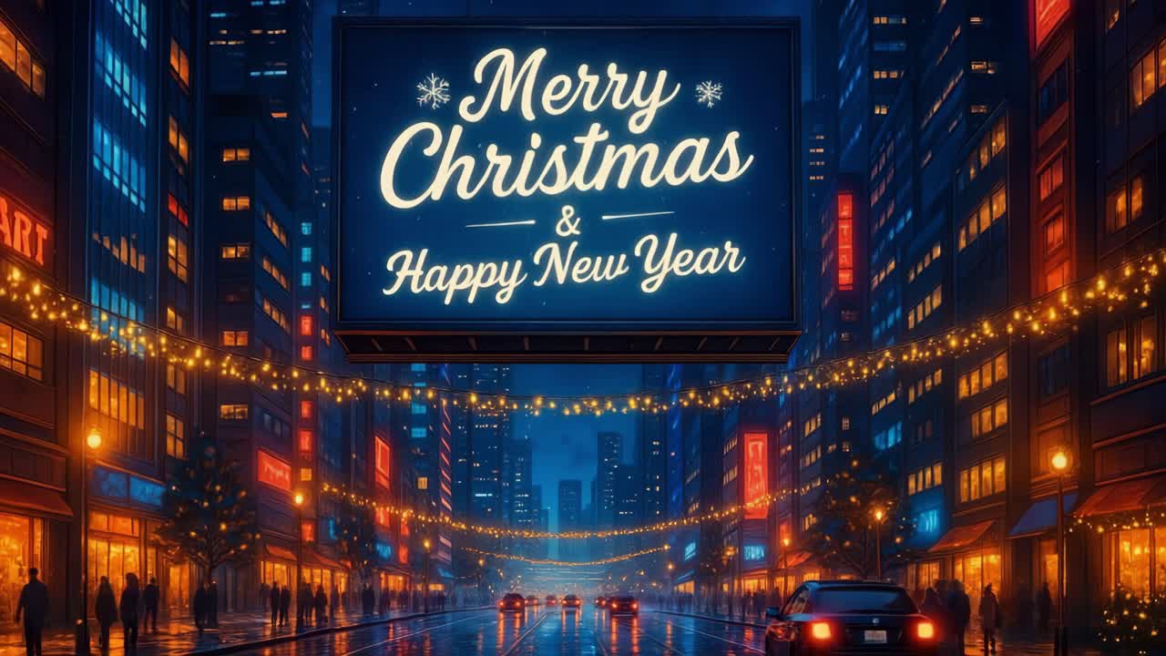 Festive city street illuminated with holiday lights and cheerful decorations in a vibrant night scene