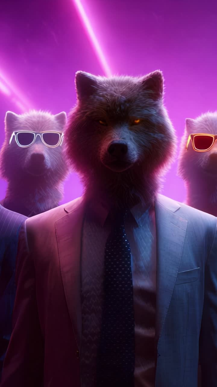 Lupi alla moda in giacca e cravatta con occhiali da sole, illuminati da luci al neon in un ambiente futuristico che cattura l'essenza del mistero e dell'audacia