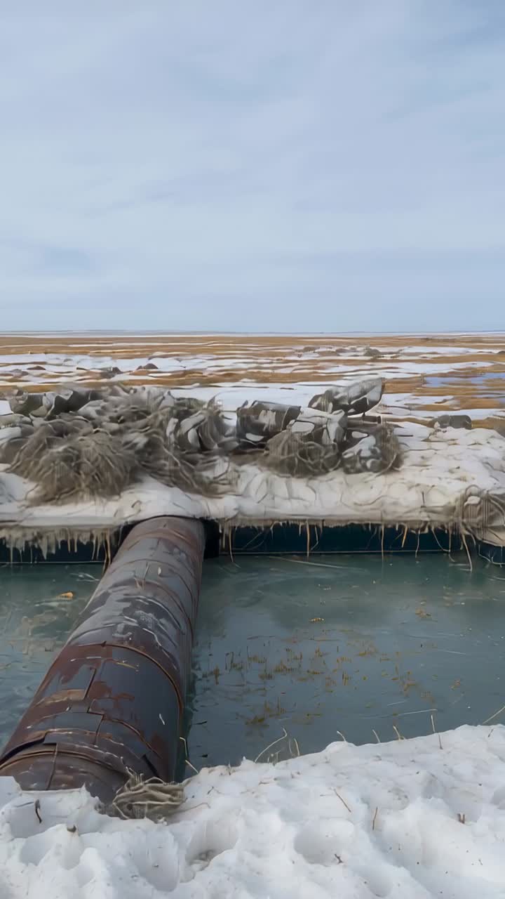 Vertical video: Tilting camera upward revealing marsh, rusted pipe, reeds on platform and icicles