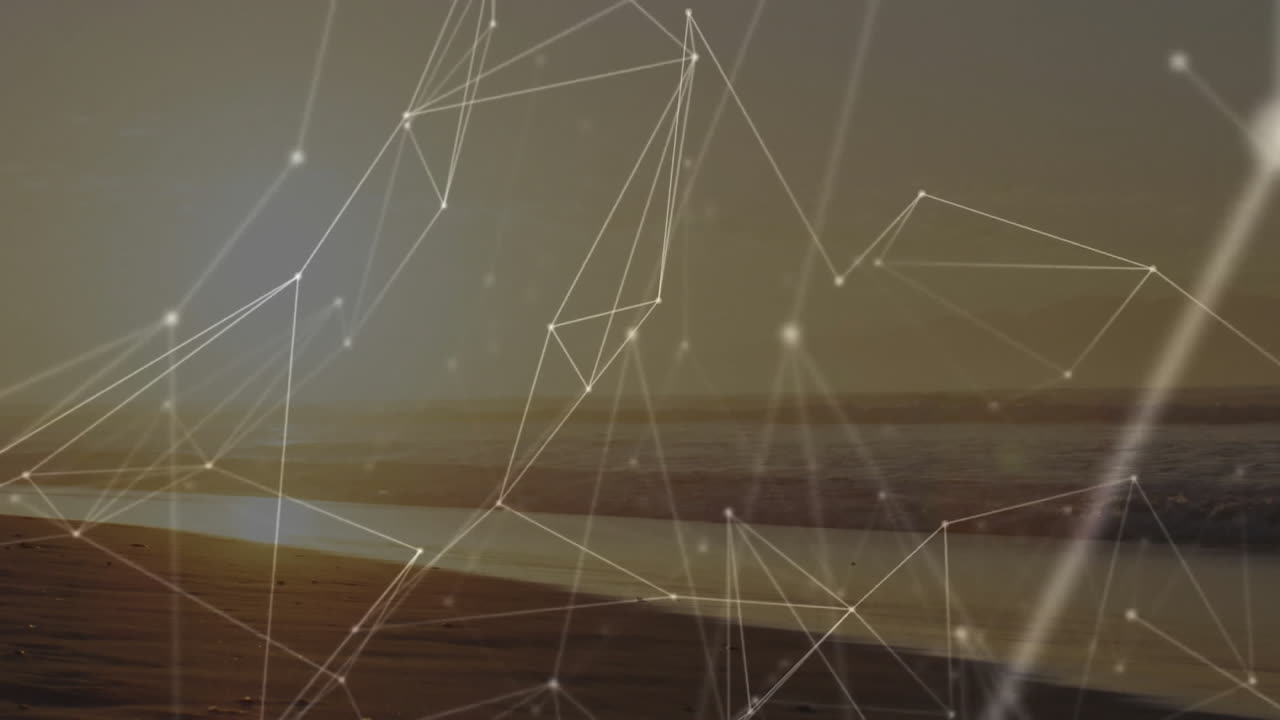 Network of connections and data processing animation over serene beach landscape