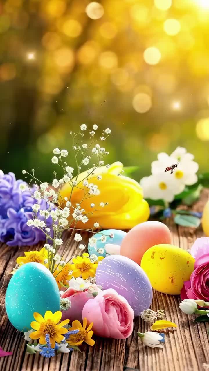 Vibrant Easter eggs and flowers on wood, captured in a close-up angle, perfect for a spring video