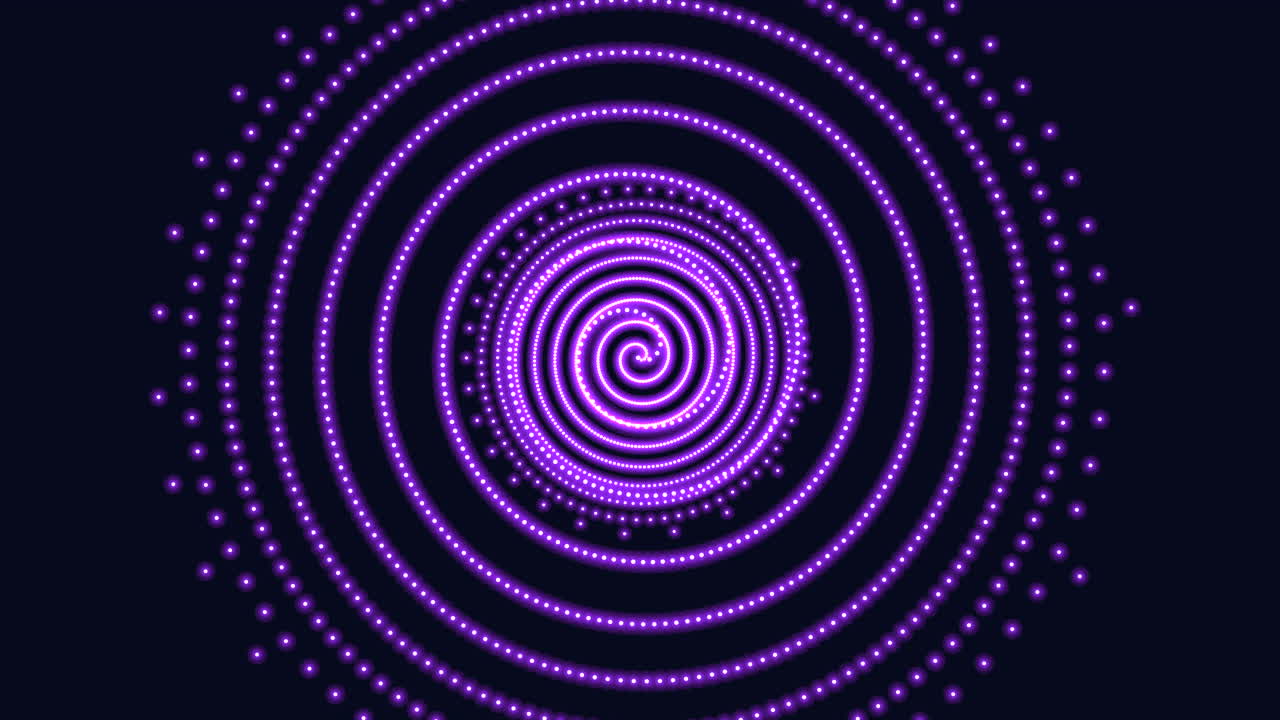 Circular pattern of purple circles spiraling clockwise in a dark background. Ethereal and mesmerizing, the image captures a serene and hypnotic visual experience