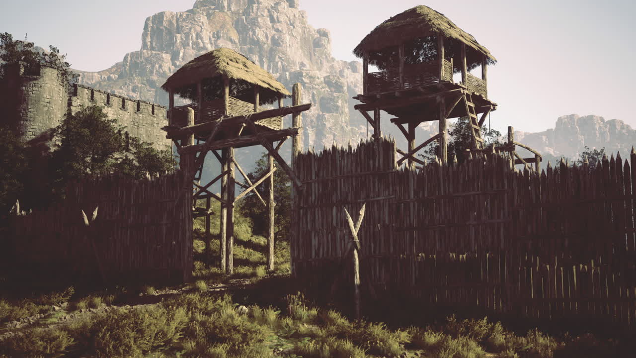 Majestic wooden towers overlook a rustic fortified entrance in nature