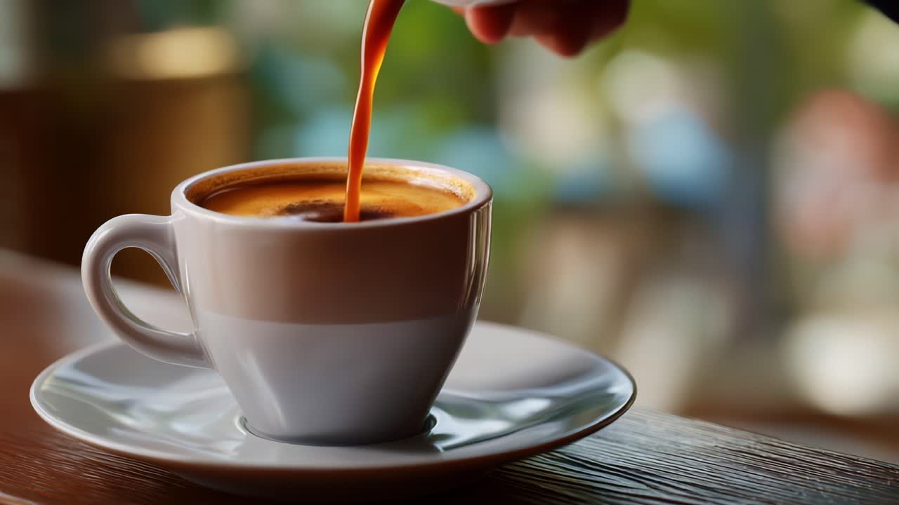 Una tazza di caffè fumante su un tavolo di legno con uno sfondo sfocato, che mette in risalto il colore intenso e la consistenza cremosa, trasmettendo calore e comfort