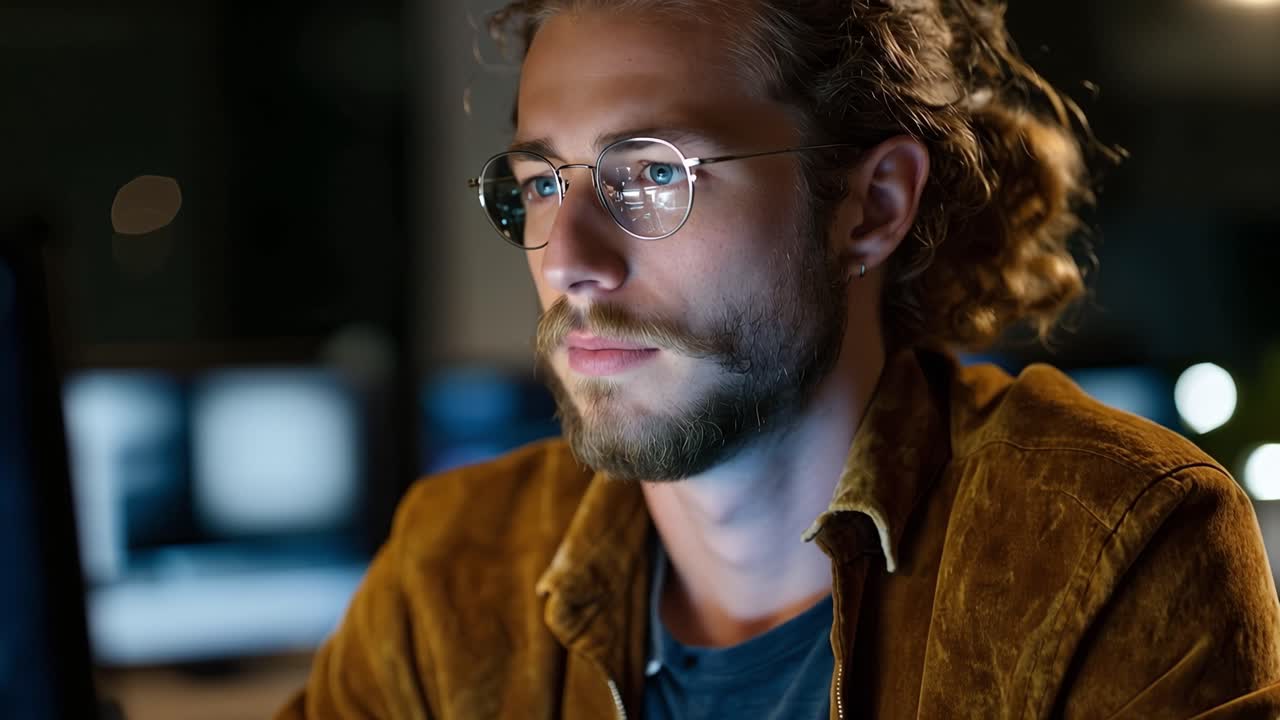 Focused individual engaged in computer work, illuminated by screen light, showcasing intense concentration and determination in a dimly lit environment