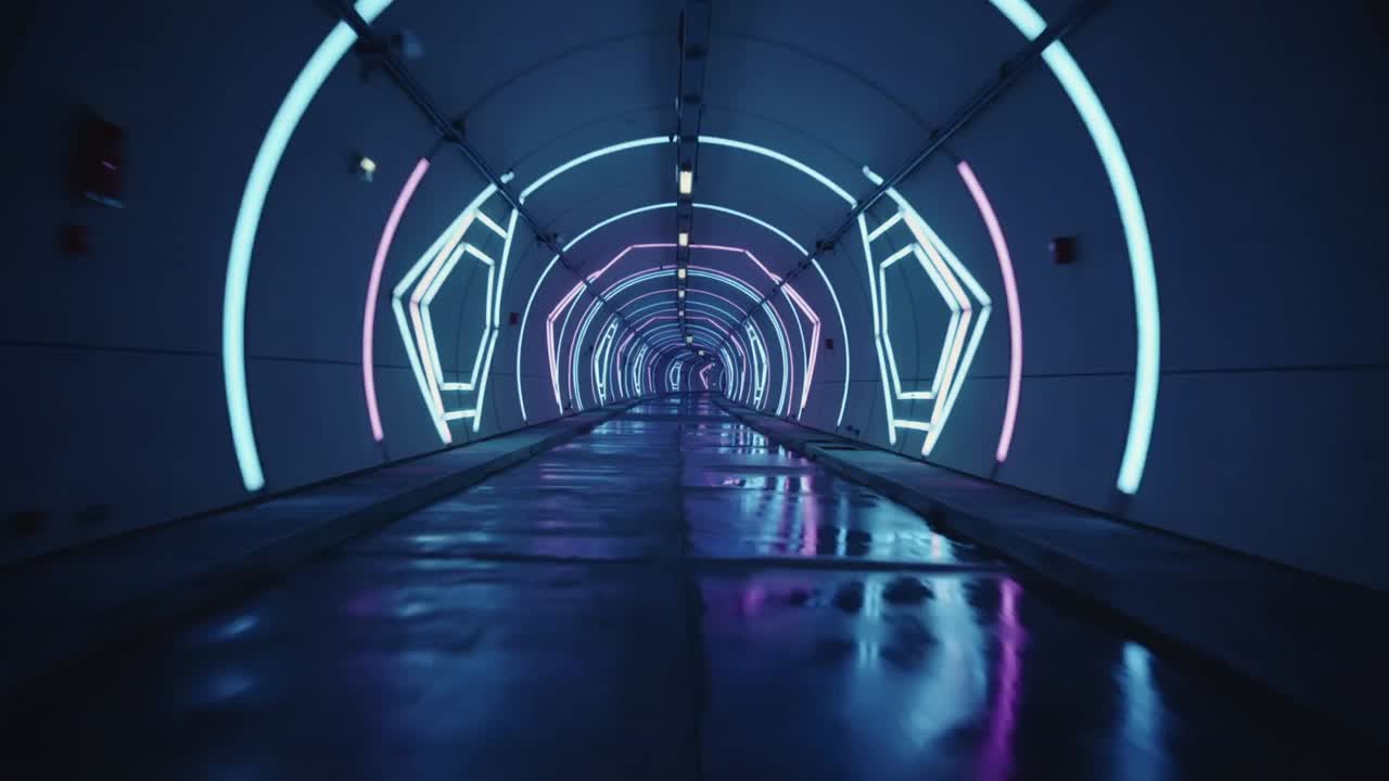 Starting camera moving along travelator in lit transit tunnel, revealing morphing LEDs on wet floor