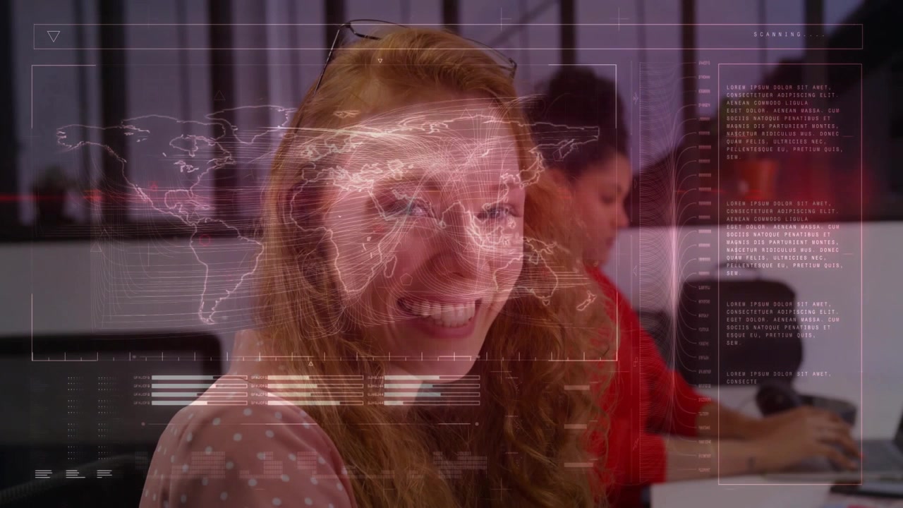 Lead woman looking at camera, smiling wider, tilting head, holo map overlaying face for tech demo