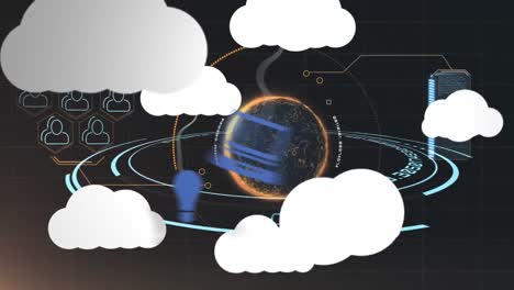 animation of clouds with icons over globe and data processing