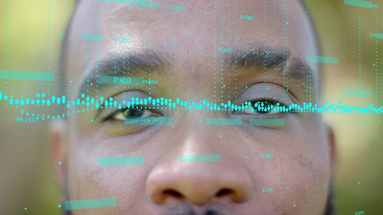 Man blinking and smiling after teal AR data overlay sweeping across eyes, showing tech HUD