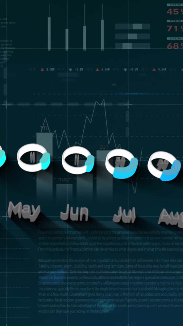 Animation of graphs and financial data on black background