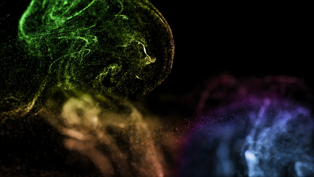 las partículas de brillo de 4k se mueven en una corriente de líquido frente a la cámara en cámara lenta. efecto de tinta 3d para partículas luminosas, advección. utilice luma matte como canal alfa para cortar partículas. multicolor 4