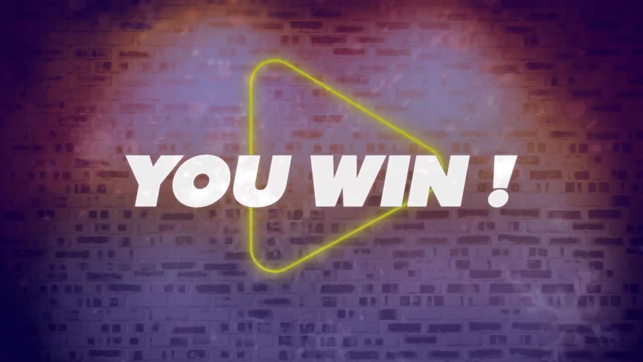 벽돌 벽 배경에 네온 플레이 아이콘을 통해 다채로운 텍스트 배너를 이길 수 있습니다.